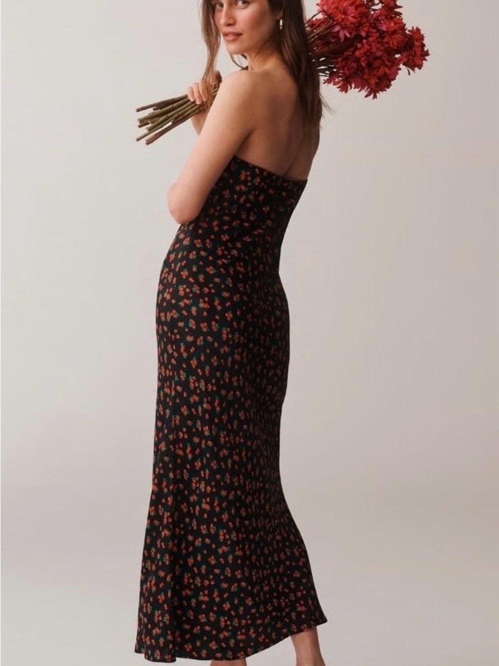 Anthropologie Tilda Strapless Black Floral/ Strawberry Slip Dress - Women